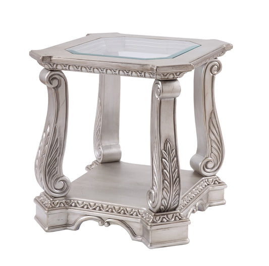 Antique Wooden End Table With Polyresin Engravings And Glass Top, Silver And Clear By Benzara | End Tables | Modishstore