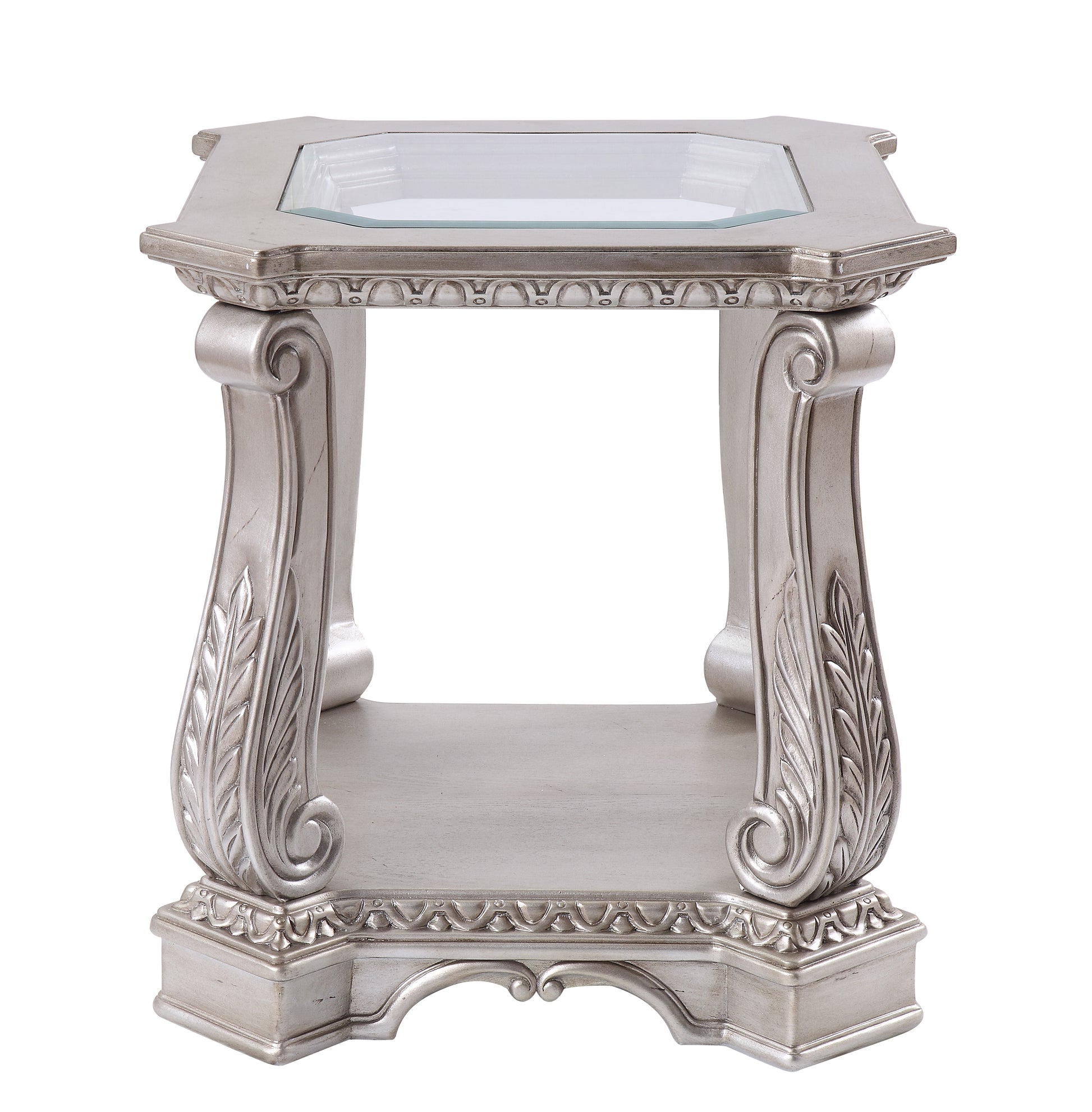 Antique Wooden End Table With Polyresin Engravings And Glass Top, Silver And Clear By Benzara | End Tables | Modishstore - 2