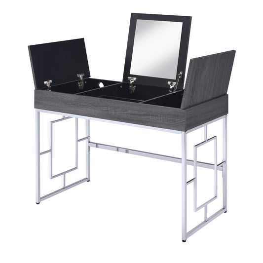 Wooden Vanity Desk With Three Storage Compartments And Metal Legs, Gray And Silver By Benzara | Desks |  Modishstore 