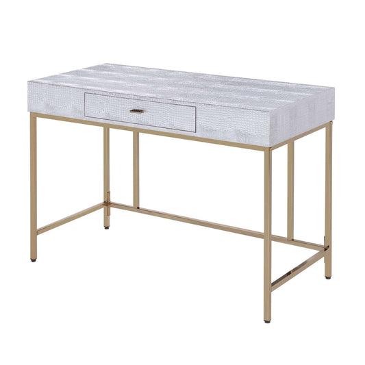 Wooden 1 Drawer Writing Desk With Textured Details, Silver And Gold By Benzara | Desks |  Modishstore 