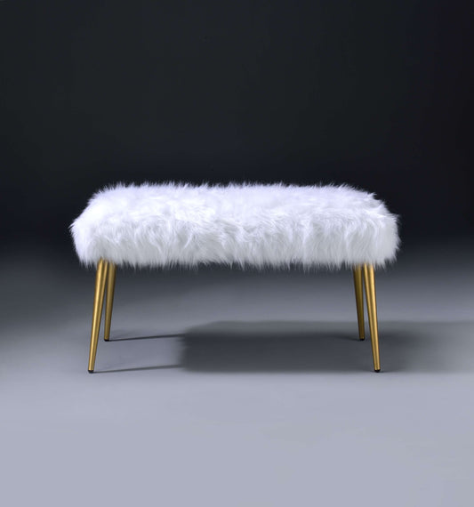 Faux Fur Bench With Angled Metal Legs, White And Gold By Benzara | Benches |  Modishstore 