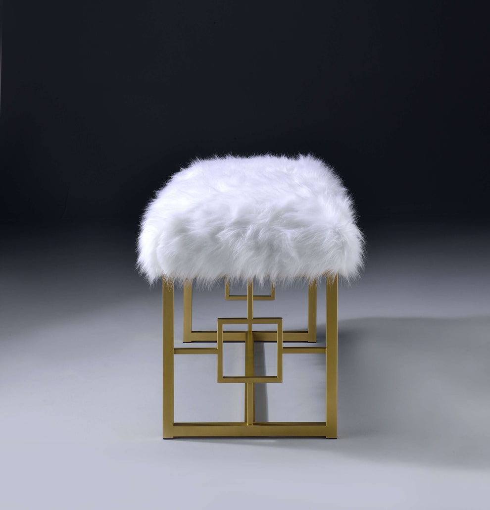 Modern Style Faux Fur Upholstered Bench With Geometrical Side Panels, White And Gold By Benzara | Benches |  Modishstore  - 4