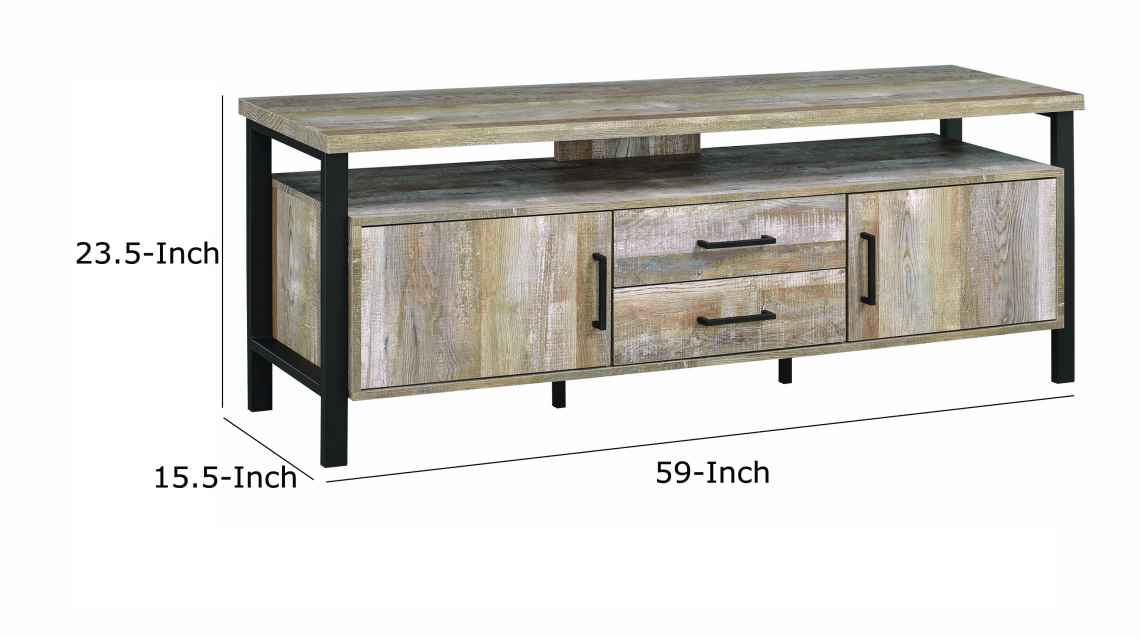 58 Inch Metal And Wooden Tv Console With Spacious Storage And Center Back Support, Brown By Benzara | Cabinets |  Modishstore  - 5