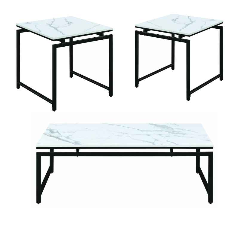 3 Piece Metal Base Occasional Table Set With Faux Marble Top, Black And White By Benzara | Coffee Tables |  Modishstore 