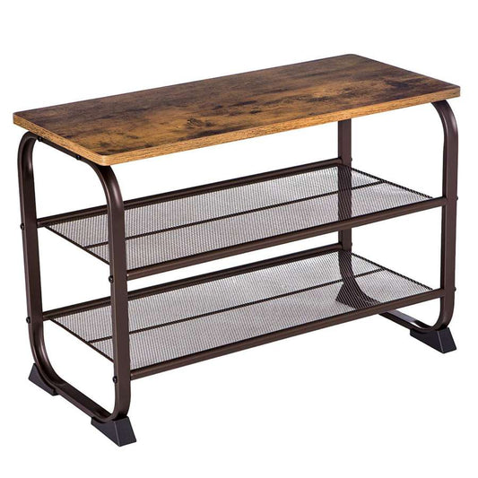 Industrial 3 Tier Wood Top Shoe Rack With Metal Base, Black And Brown By Benzara | Shelves & Shelving Units |  Modishstore 