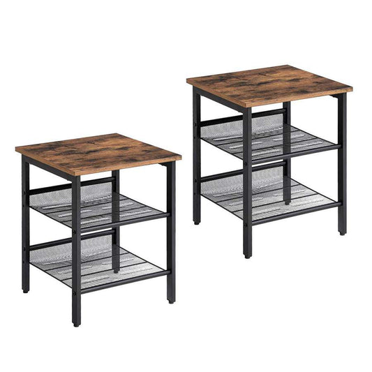 Wooden Side Table With Metal Mesh Shelves, Set Of 2, Black And Brown By Benzara | Side Tables |  Modishstore 