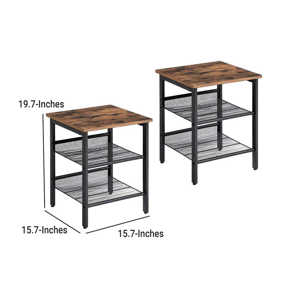Wooden Side Table With Metal Mesh Shelves, Set Of 2, Black And Brown By Benzara | Side Tables |  Modishstore  - 3