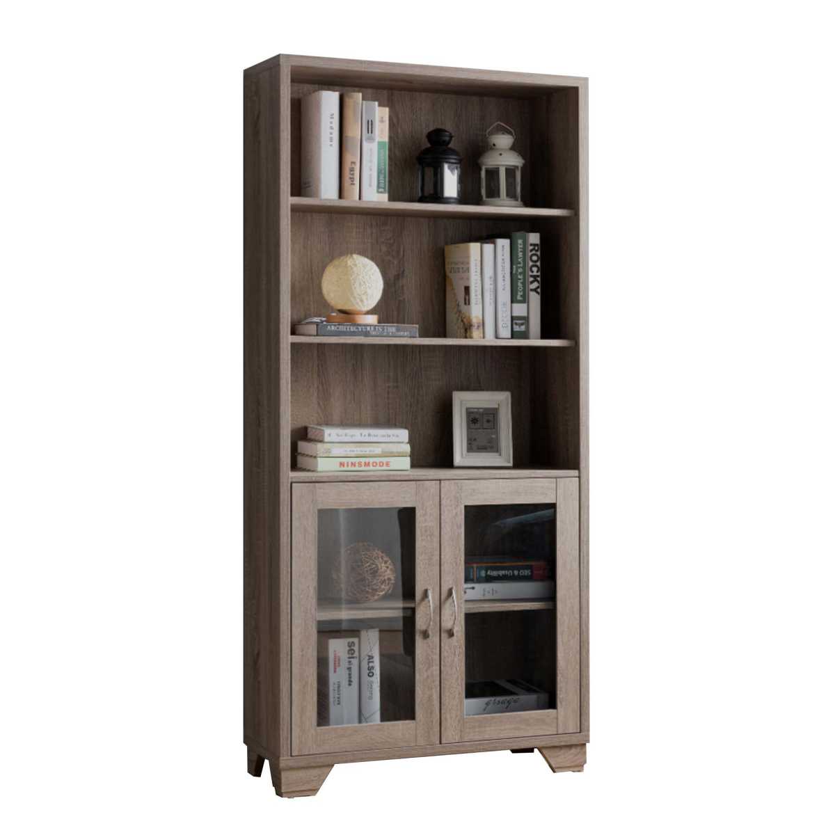 Wooden Book Cabinet With Three Display Shelves And Two Glass Doors, Taupe Brown By Benzara | Bookcases |  Modishstore 