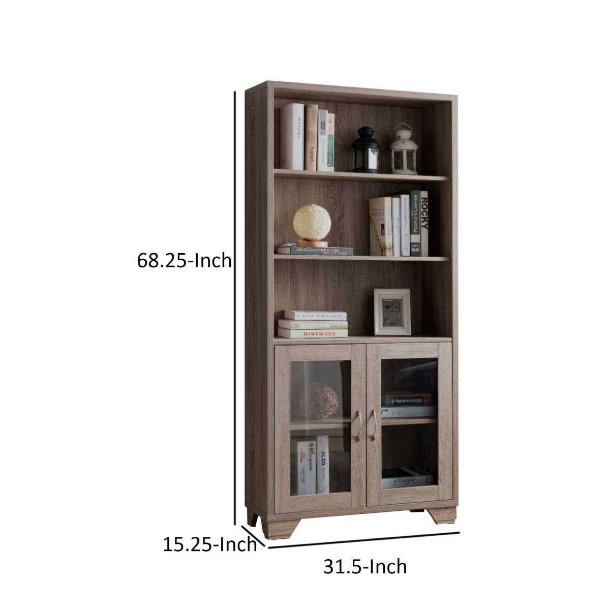 Wooden Book Cabinet With Three Display Shelves And Two Glass Doors, Taupe Brown By Benzara | Bookcases |  Modishstore  - 2