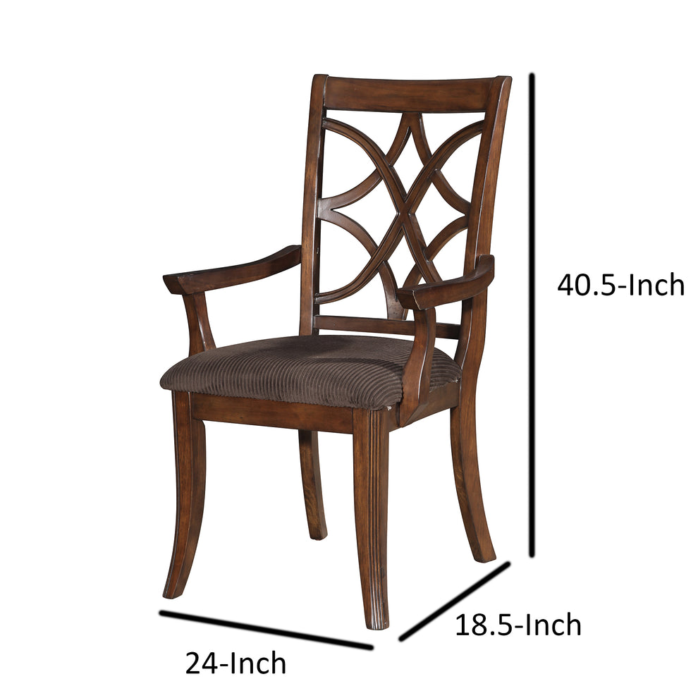 Wooden Arm Chair With Fabric Padded Seat And Lattice Design Backrest, Brown, Set Of Two By Benzara | Accent Chairs |  Modishstore  - 2