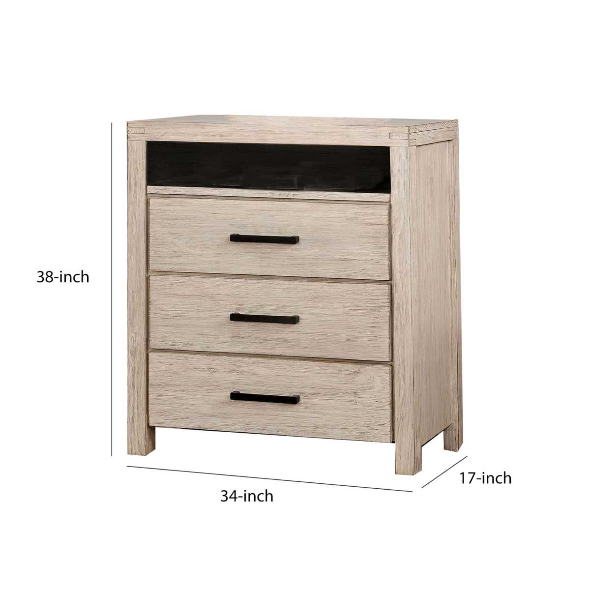 3 Drawer Rustic Style Media Chest With Open Compartment, White By Benzara | Cabinets |  Modishstore  - 5