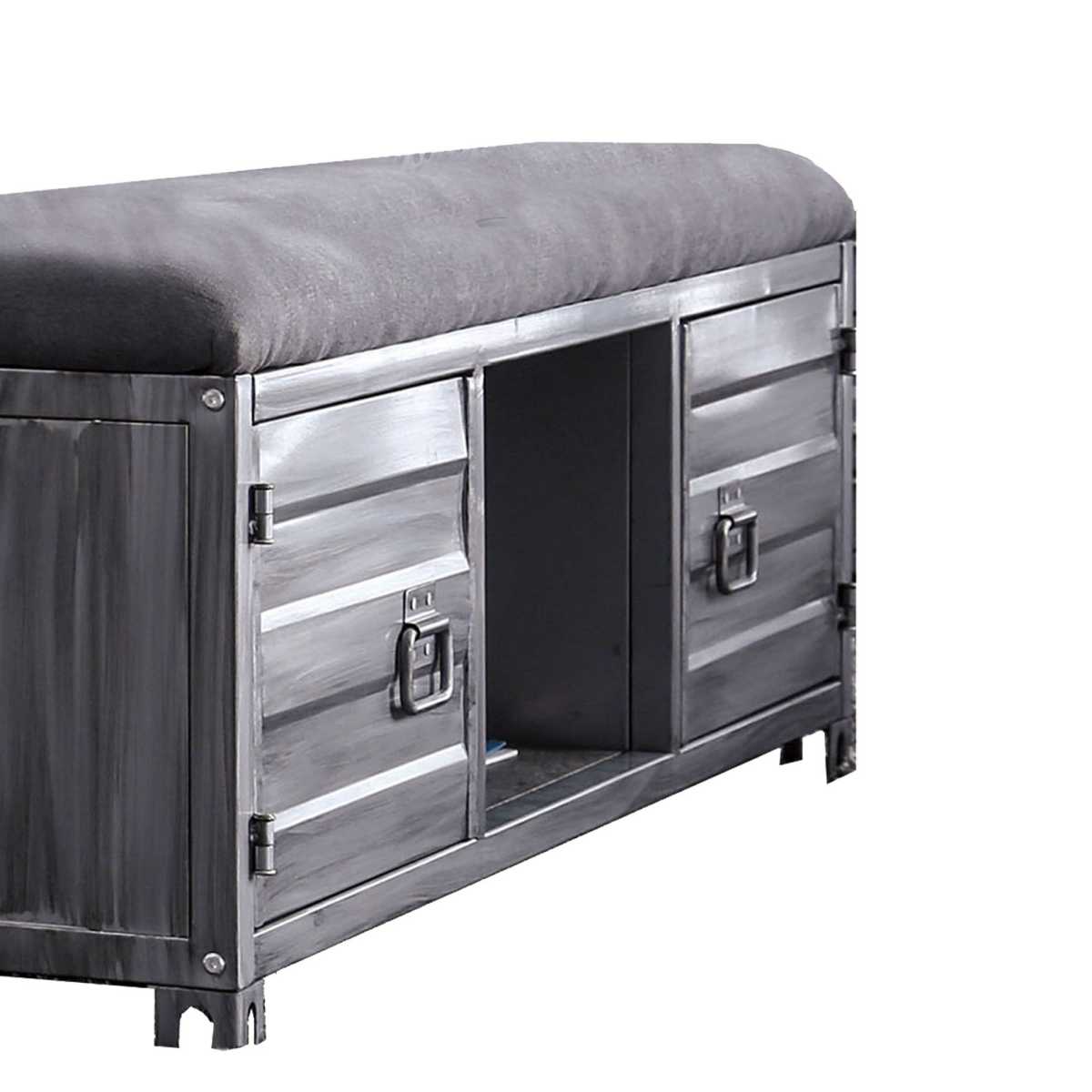 Industrial Cushioned Metal Bench With 2 Cabinets And Open Shelf, Gray By Benzara | Benches |  Modishstore  - 2