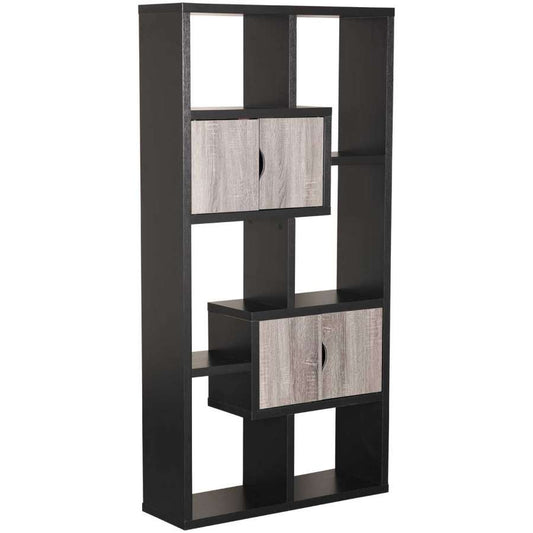 Wooden Bookcase With 4 Doors And 6 Shelves, Black And Distressed Gray By Benzara | Bookcases |  Modishstore 