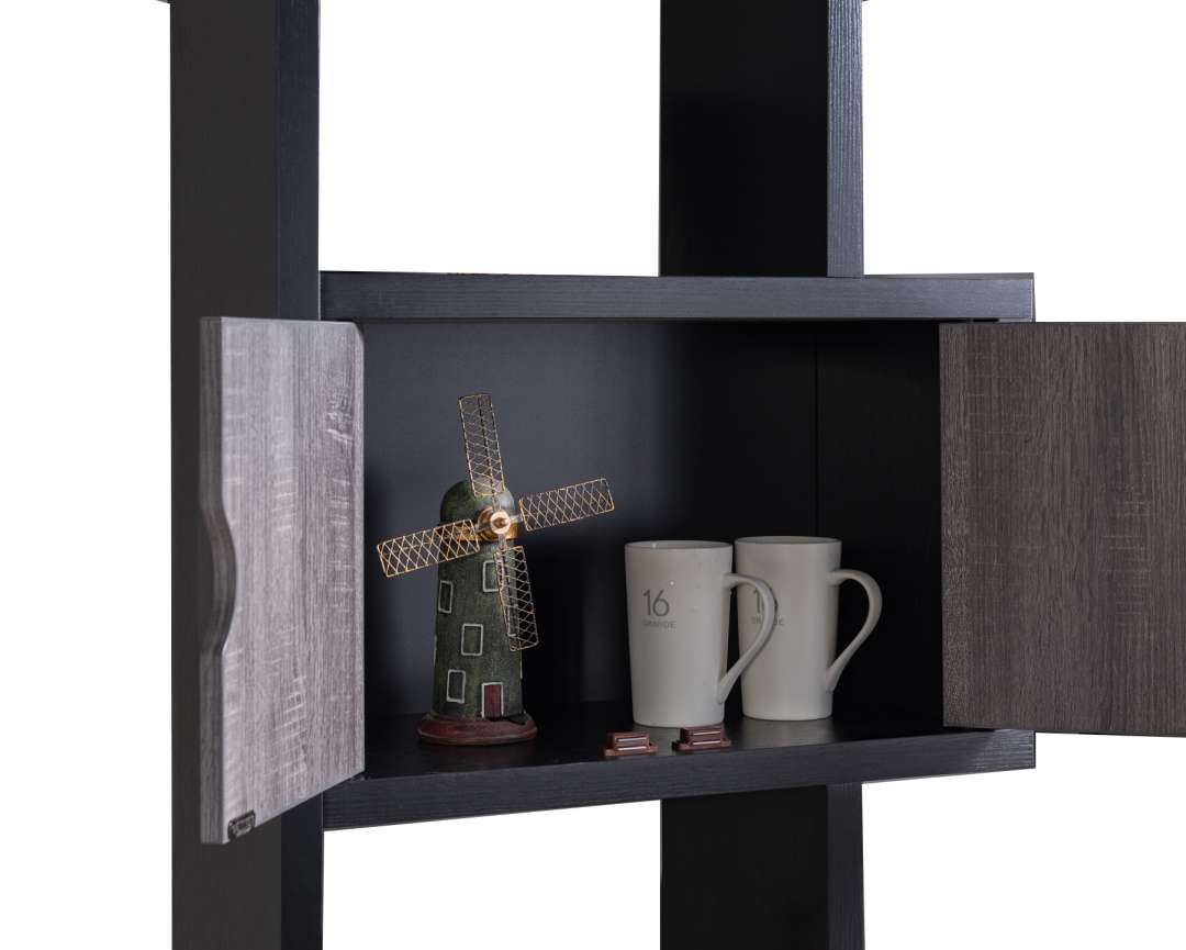 Wooden Bookcase With 4 Doors And 6 Shelves, Black And Distressed Gray By Benzara | Bookcases |  Modishstore  - 4