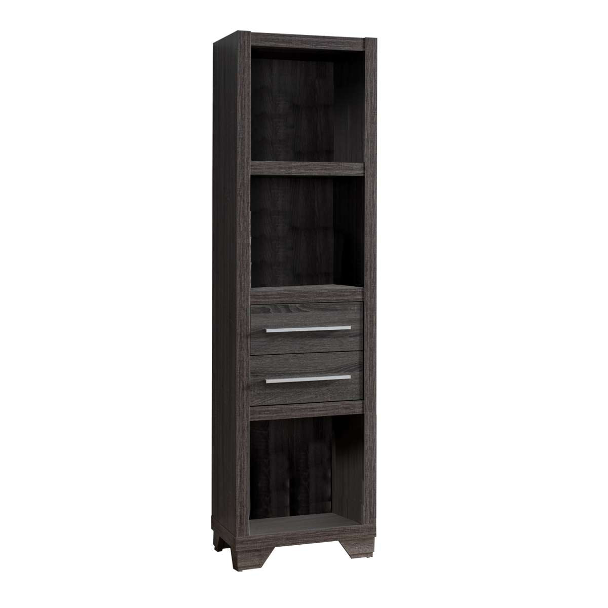 Wooden Media Tower With 2 Drawers And 3 Shelves, Distressed Gray By Benzara | Shelves & Shelving Units |  Modishstore 