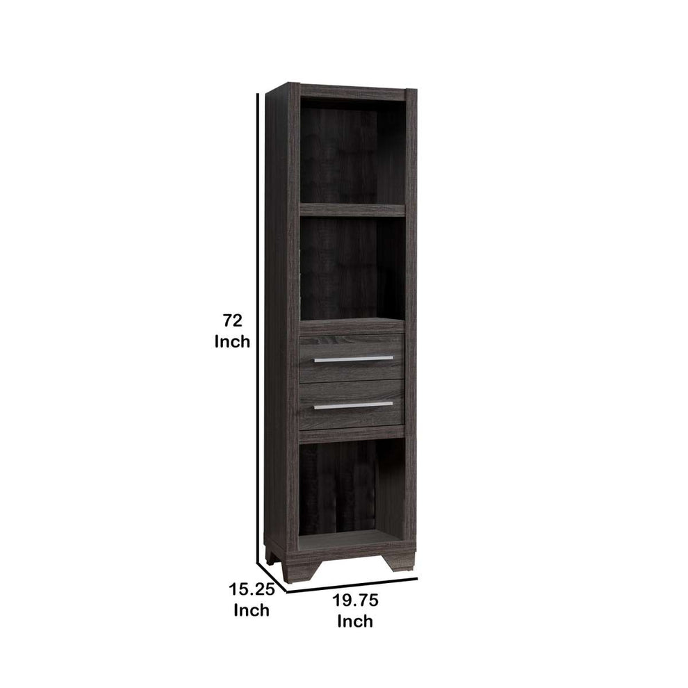 Wooden Media Tower With 2 Drawers And 3 Shelves, Distressed Gray By Benzara | Shelves & Shelving Units |  Modishstore  - 3