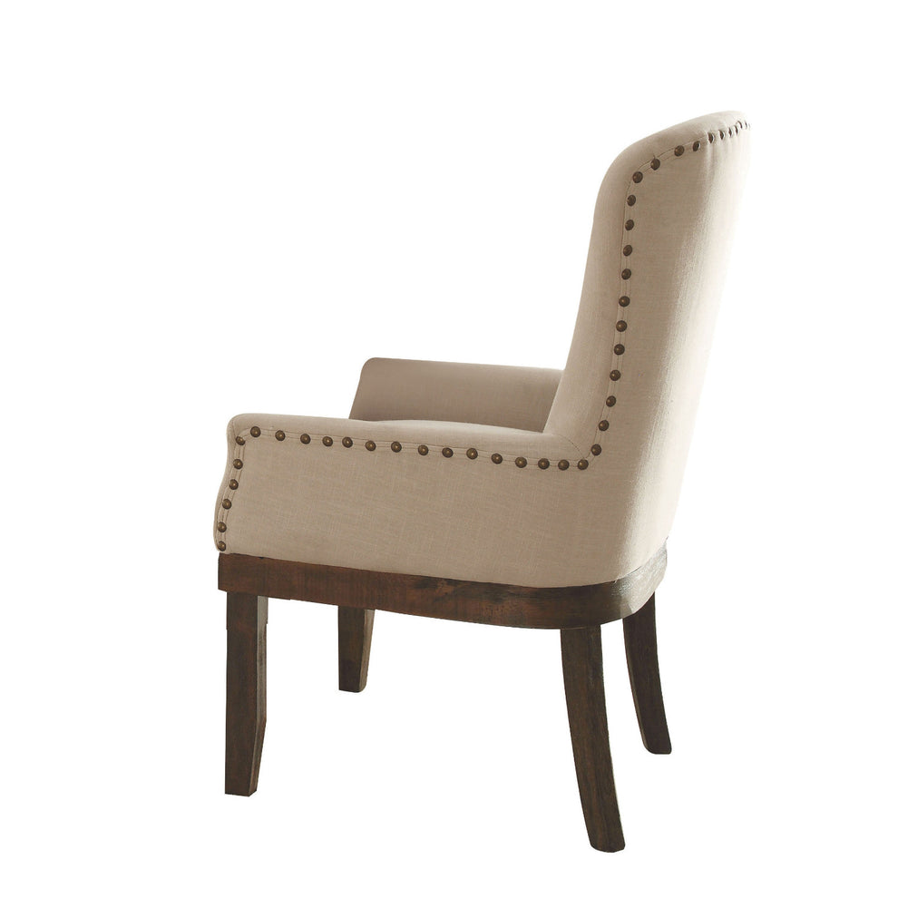 Wooden Arm Chair With Wing Back And Nailhead Trims, Beige And Brown By Benzara | Armchairs |  Modishstore  - 4