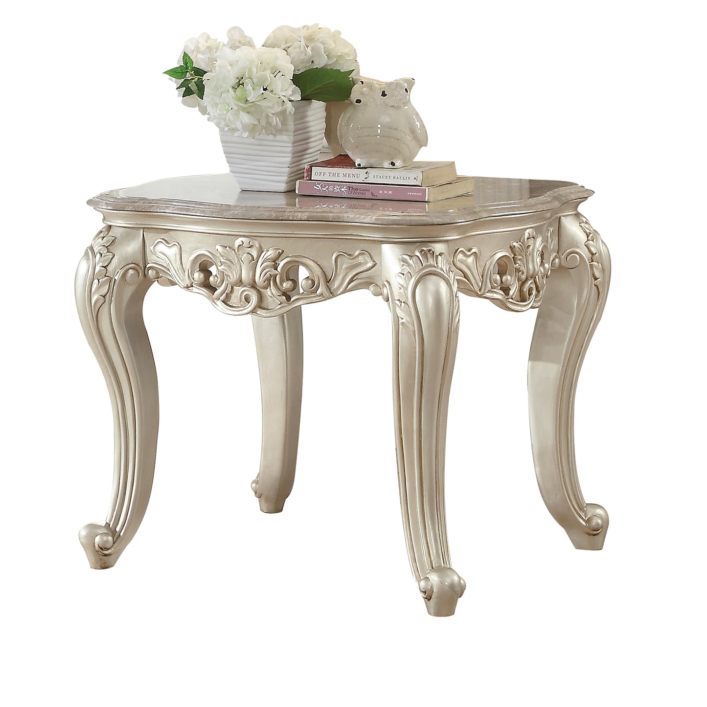 Traditional Style Marble Top End Table With Poly Resin Engravings,Gold By Benzara | Side Tables |  Modishstore 