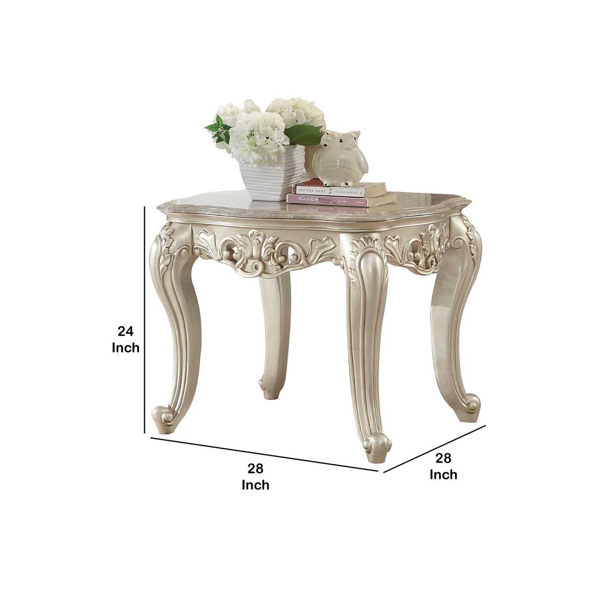 Traditional Style Marble Top End Table With Poly Resin Engravings,Gold By Benzara | Side Tables |  Modishstore  - 2