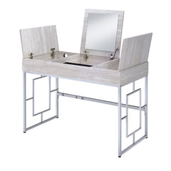 Wood And Metal Vanity Desk With Lift Top Compartments,Silver And Brown By Benzara