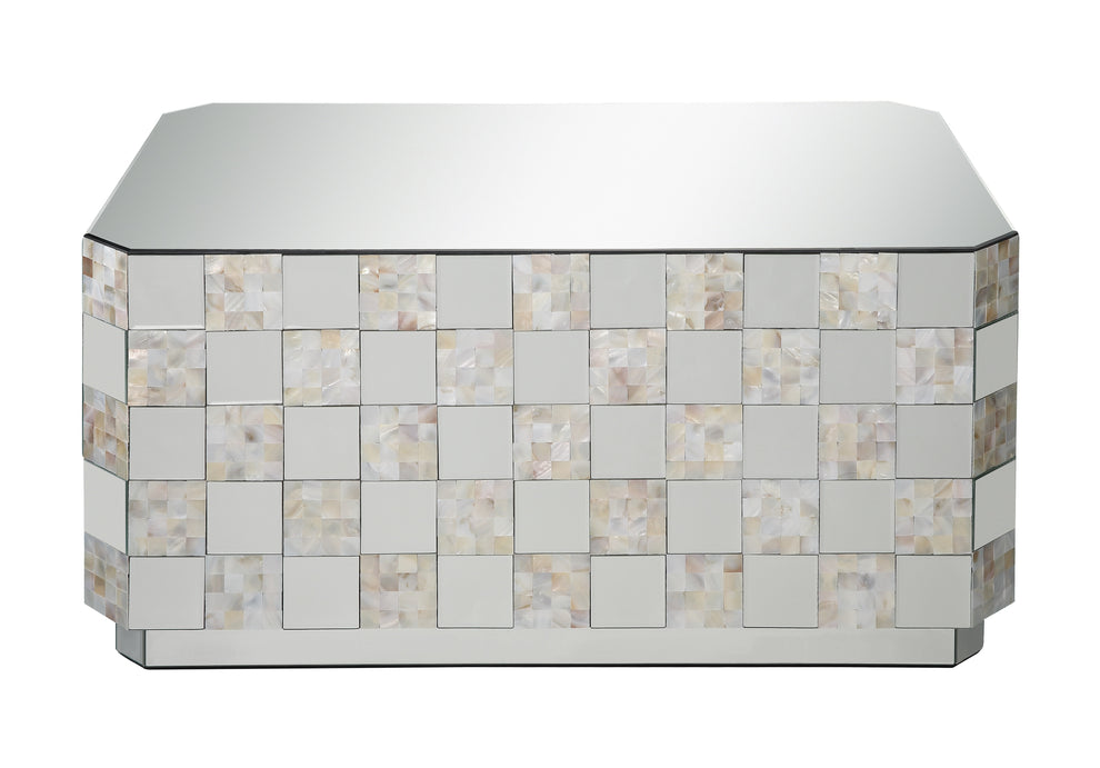 Wooden Coffee Table With Checkered Pattern Mirror Insets, Silver By Benzara | Coffee Tables |  Modishstore  - 3