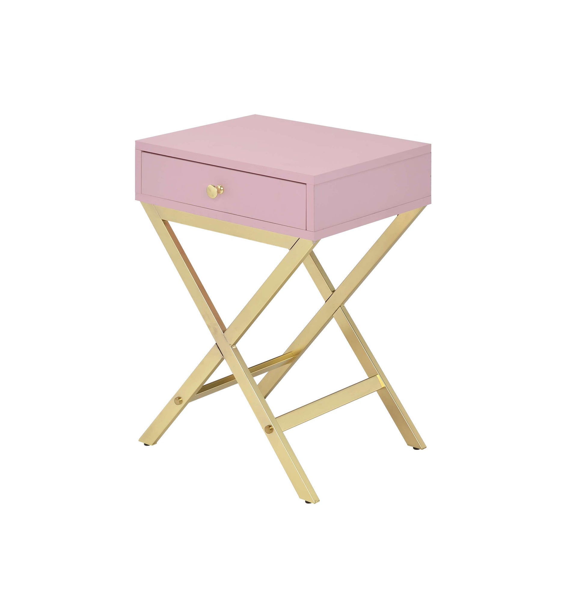 Wood And Metal Side Table With Crossed Base, Pink And Gold By Benzara | Side Tables |  Modishstore 