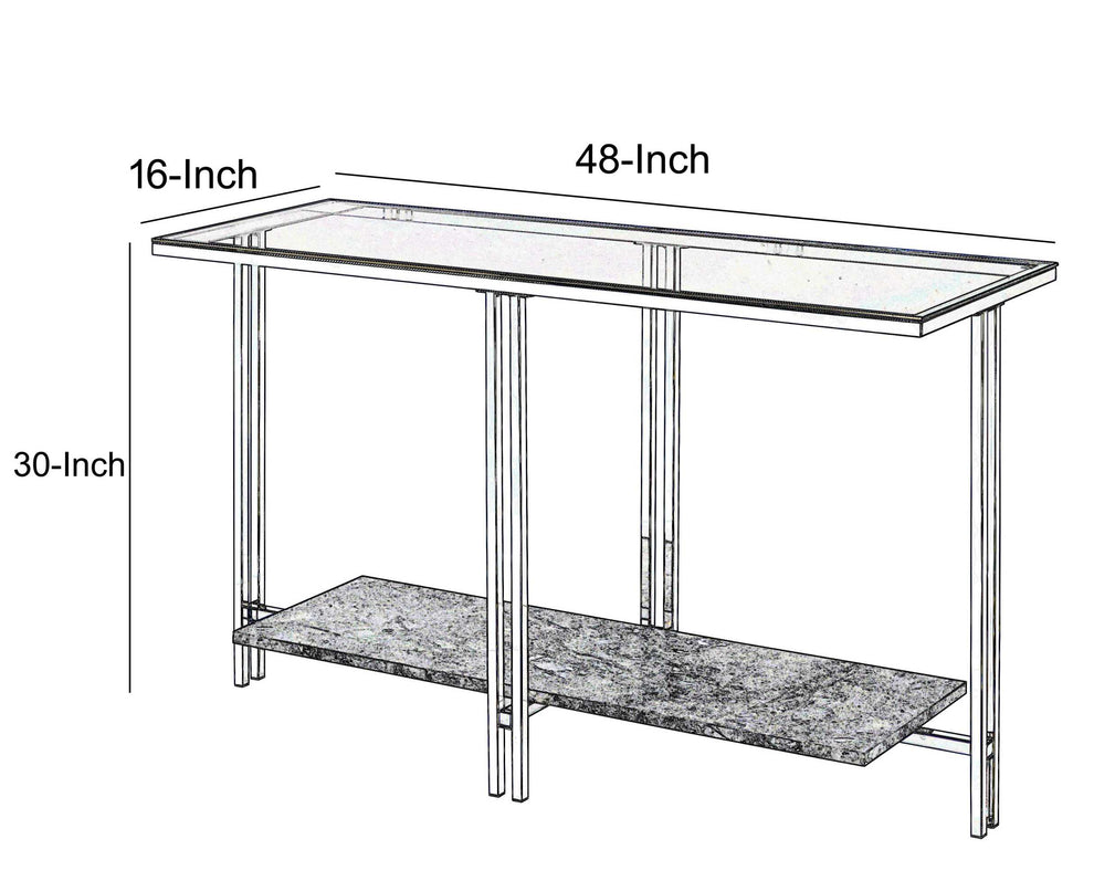 Glass Top Metal Sofa Table With Marble Bottom Shelf, Silver And Clear By Benzara | Coffee Tables |  Modishstore  - 2