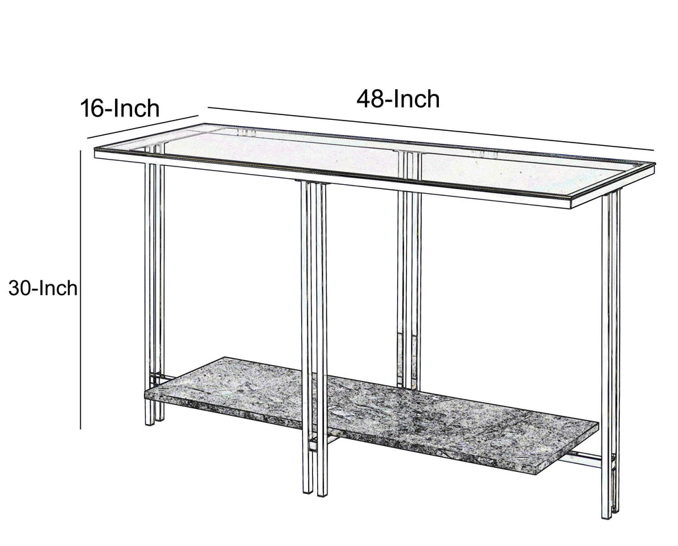 Glass Top Metal Sofa Table With Marble Bottom Shelf, Silver And Clear By Benzara | Coffee Tables |  Modishstore  - 7