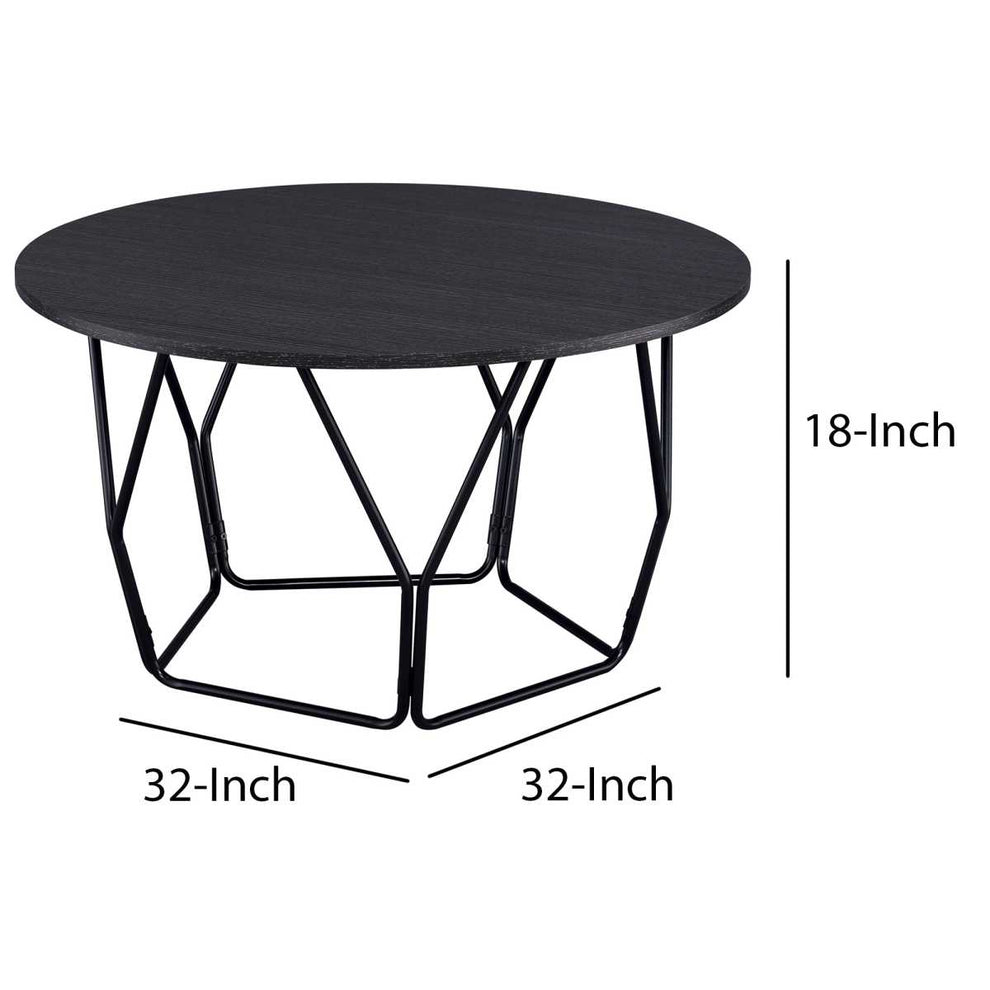 Industrial Round Top Wooden Coffee Table With Geometric Base, Black By Benzara | Coffee Tables |  Modishstore  - 2