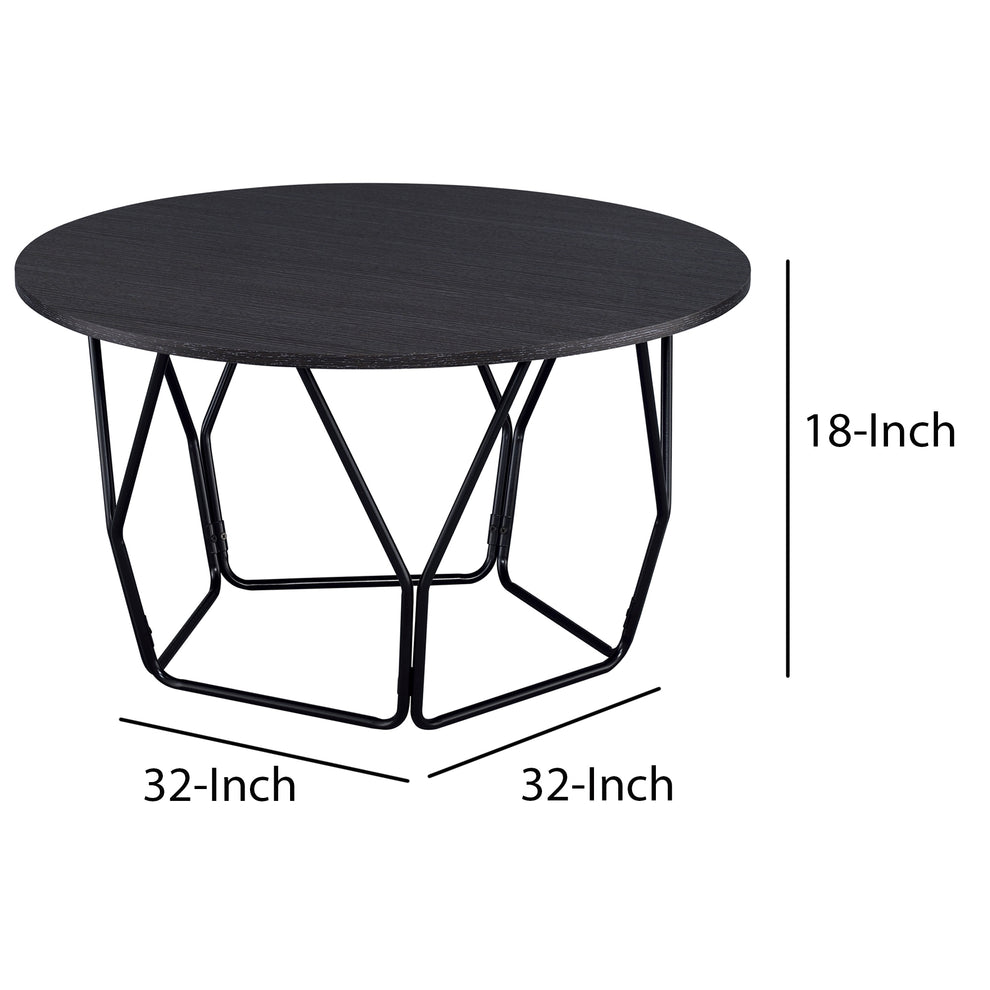 Industrial Round Top Wooden Coffee Table With Geometric Base, Black By Benzara | Coffee Tables |  Modishstore  - 6