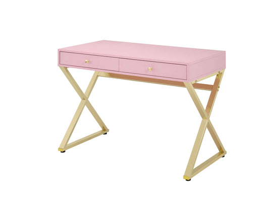Wooden Rectangular Desk With Storage And X Shaped Legs, Pink And Gold By Benzara | Desks |  Modishstore 