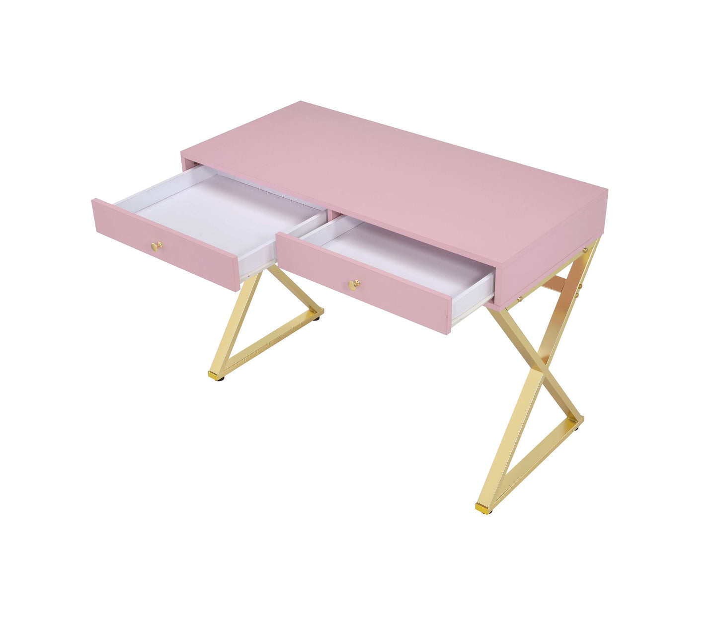 Wooden Rectangular Desk With Storage And X Shaped Legs, Pink And Gold By Benzara | Desks |  Modishstore  - 3