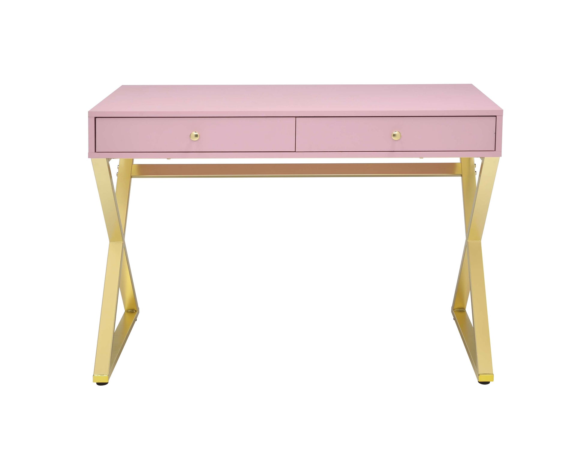 Wooden Rectangular Desk With Storage And X Shaped Legs, Pink And Gold By Benzara | Desks |  Modishstore  - 4