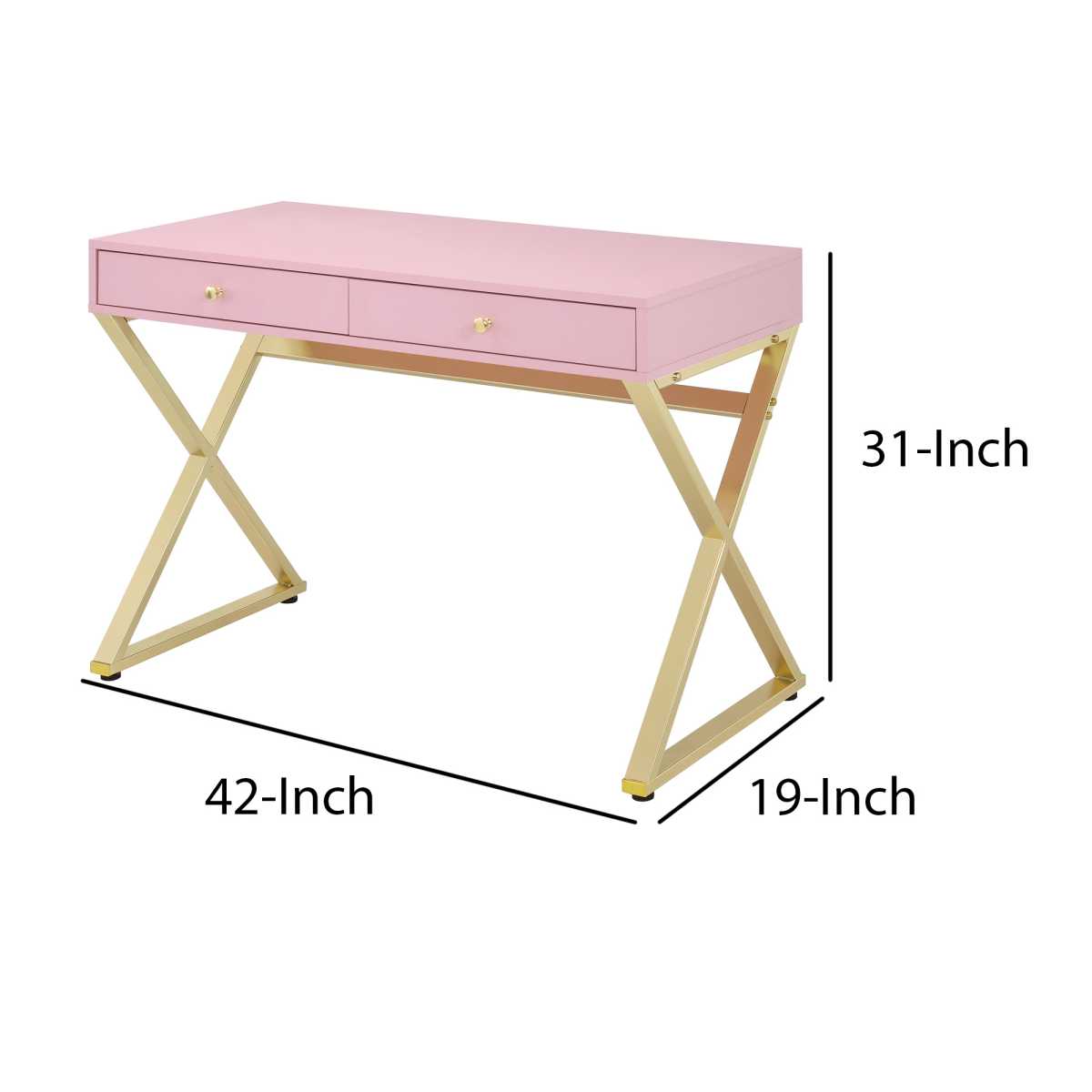 Wooden Rectangular Desk With Storage And X Shaped Legs, Pink And Gold By Benzara | Desks |  Modishstore  - 2