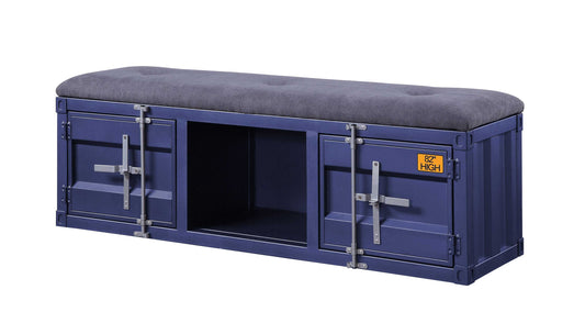 Industrial Metal And Fabric Bench With Open Storage, Blue And Gray By Benzara | Benches |  Modishstore 
