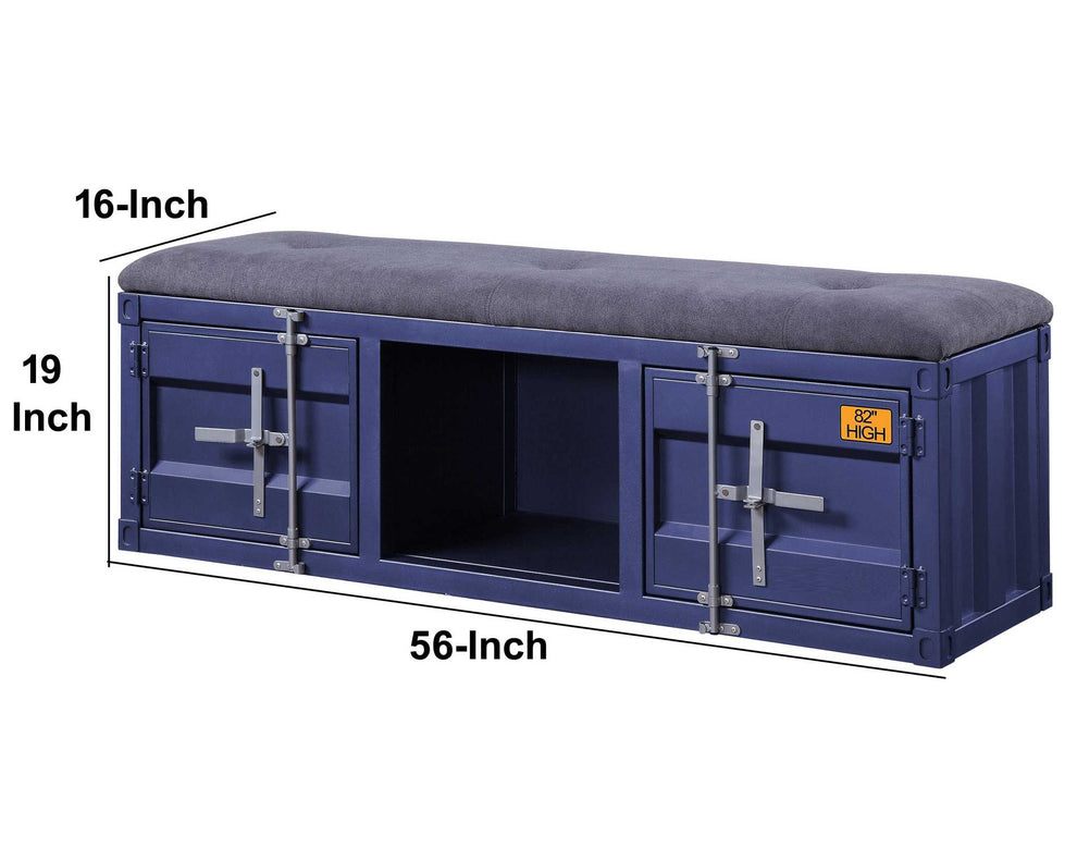 Industrial Metal And Fabric Bench With Open Storage, Blue And Gray By Benzara | Benches |  Modishstore  - 3