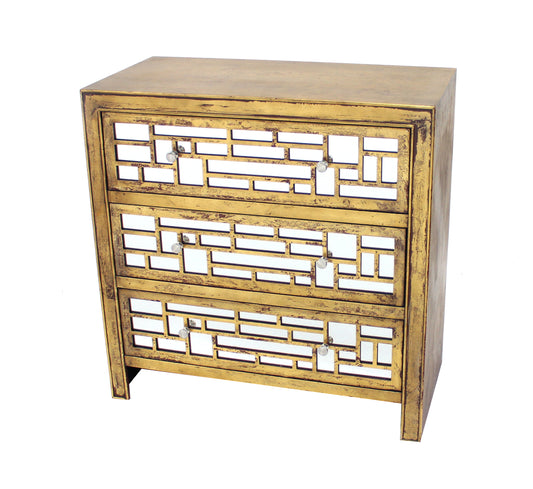 Wood And Mirror Trim Storage Cabinet With 3 Drawers, Gold And Silver By Benzara | Cabinets |  Modishstore 