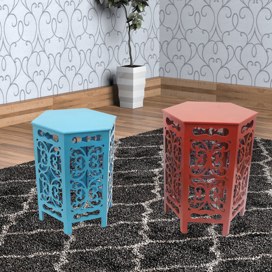 2 Piece Hexagonal Wooden Side Table With Cut Out Details, Red And Blue By Benzara | Side Tables |  Modishstore 