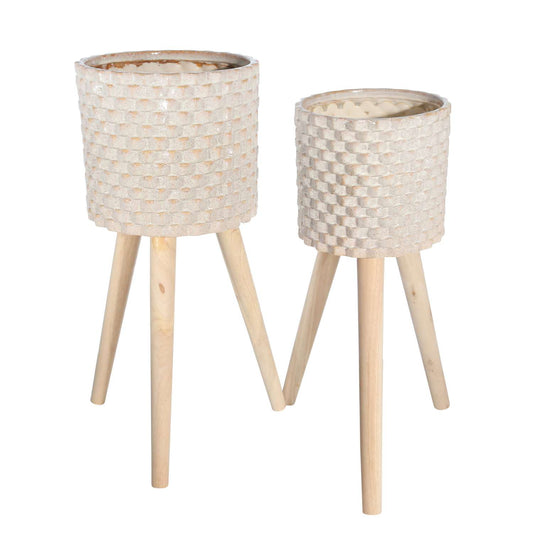 Textured Ceramic Planter With Tripod Legs, Set Of 2, Cream And Brown By Benzara | Planters, Troughs & Cachepots |  Modishstore 
