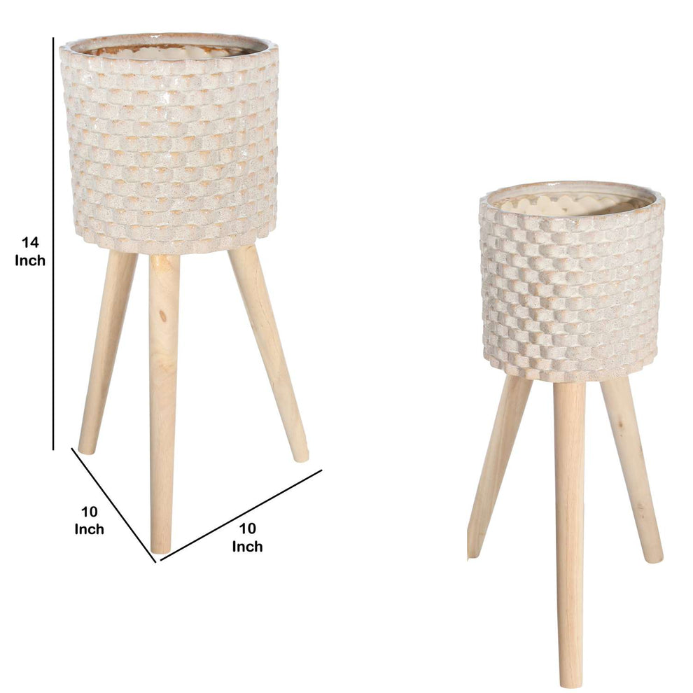 Textured Ceramic Planter With Tripod Legs, Set Of 2, Cream And Brown By Benzara | Planters, Troughs & Cachepots |  Modishstore  - 4