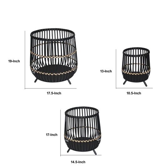 Drum Shaped Open Cage Bamboo Planter With Angled Legs, Set Of 3, Black By Benzara | Planters, Troughs & Cachepots |  Modishstore 