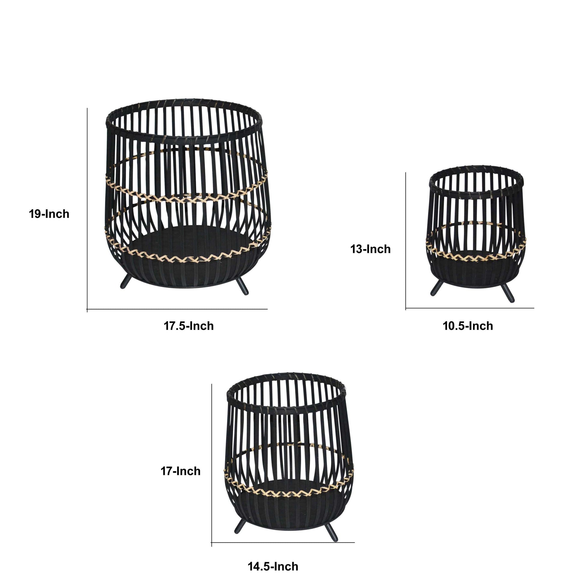 Drum Shaped Open Cage Bamboo Planter With Angled Legs, Set Of 3, Black By Benzara | Planters, Troughs & Cachepots |  Modishstore  - 6