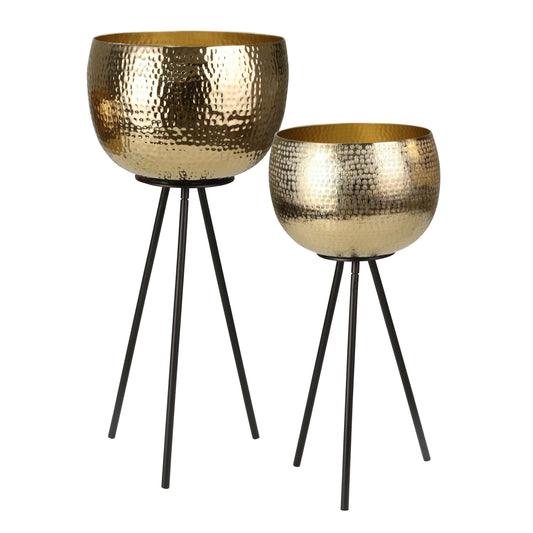 Hammered Textured Metal Bowl Planters On Tripod Base, Set Of 2, Gold And Black By Benzara | Planters, Troughs & Cachepots |  Modishstore 