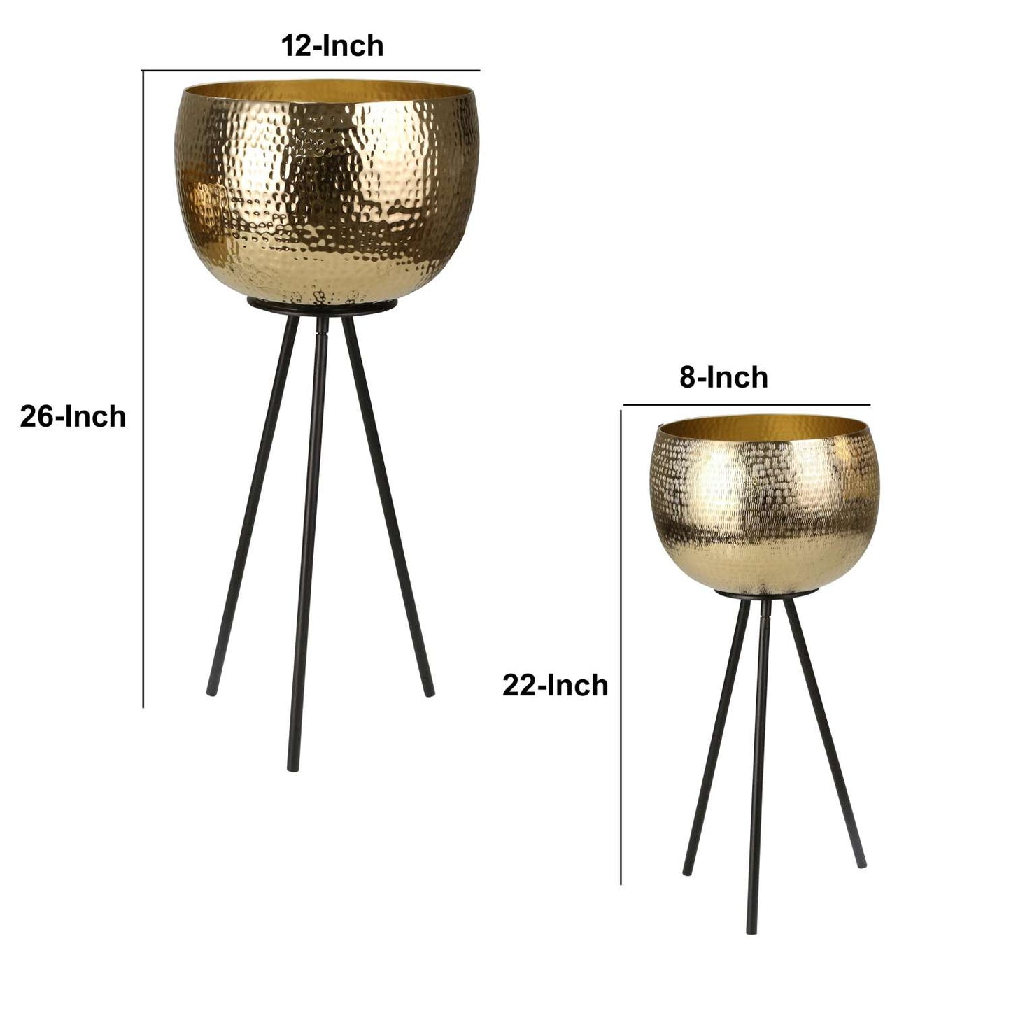 Hammered Textured Metal Bowl Planters On Tripod Base, Set Of 2, Gold And Black By Benzara | Planters, Troughs & Cachepots |  Modishstore  - 3