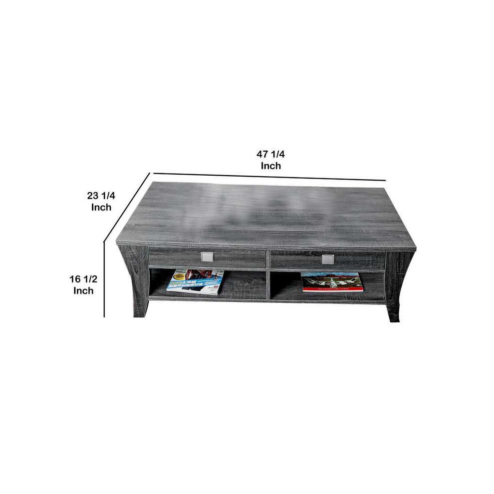 Low Rise Coffee Table With Drawers And Bottom Shelves, Gray By Benzara | Coffee Tables |  Modishstore  - 2