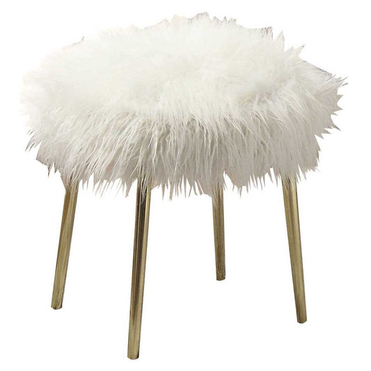 Faux Fur Upholstered Contemporary Metal Ottoman, White And Gold By Benzara | Ottomans |  Modishstore 