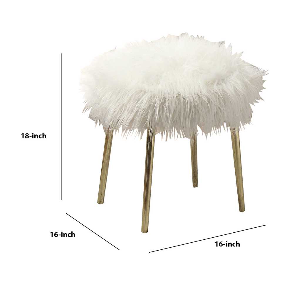 Faux Fur Upholstered Contemporary Metal Ottoman, White And Gold By Benzara | Ottomans |  Modishstore  - 5
