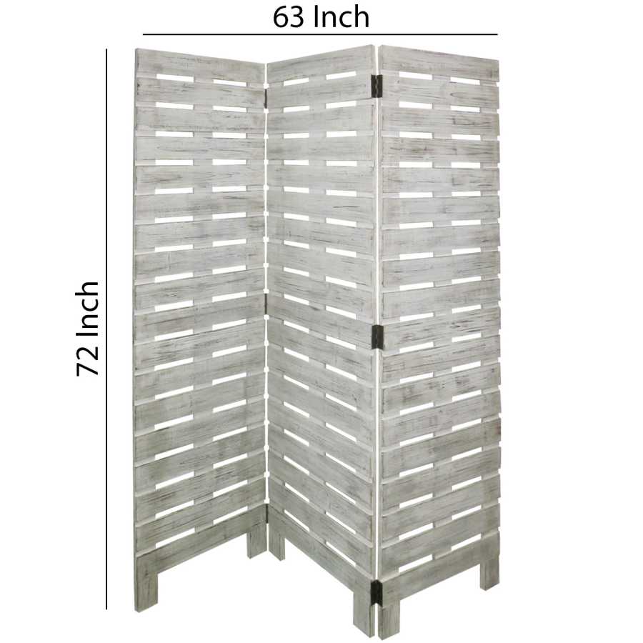 Textured 3 Panel Foldable Wooden Screen With Slats, Gray By Benzara | Room Divider |  Modishstore  - 2