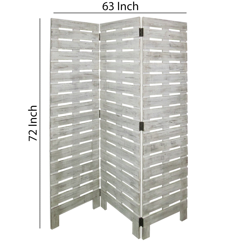 Textured 3 Panel Foldable Wooden Screen With Slats, Gray By Benzara | Room Divider |  Modishstore  - 6