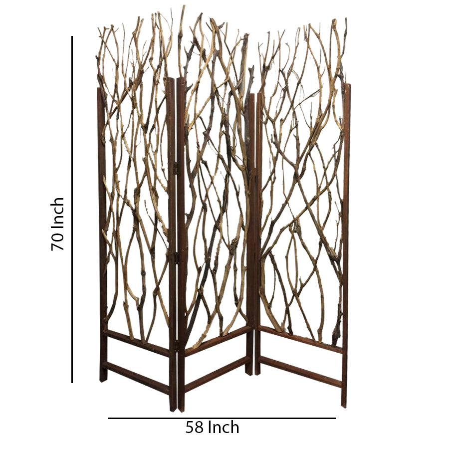 3 Panel Contemporary Foldable Wood Screen With Tree Branches, Brown By Benzara | Room Divider |  Modishstore  - 6